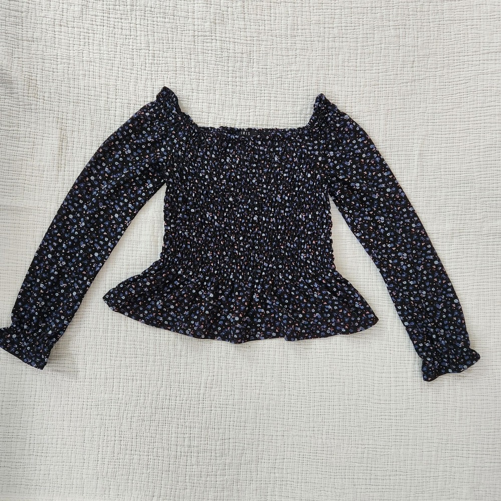 Iris Smocked Peplum Blouse Womens Small Black Floral Square Neck